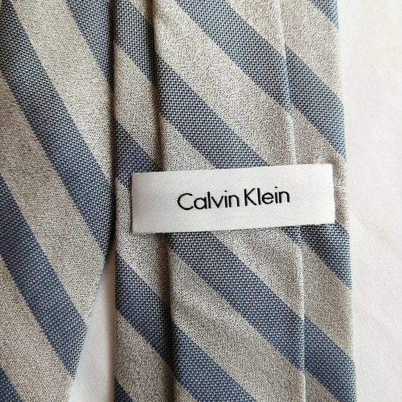 Calvin Klein Silk Blend Silver and Blue Striped Slim Tie - Picture 9 of 14